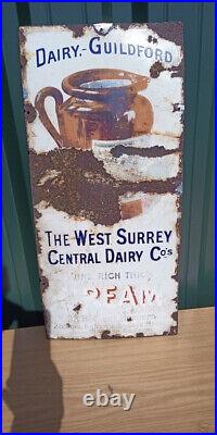 Old Vintage Antique Enamel Sign Shop Advert Farm Dairy Cream Pot Guildford