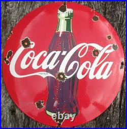 Old Vintage Coca Cola Domed Button Porcelain Enamel Steel Shop Sign 30cm