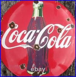 Old Vintage Coca Cola Domed Button Porcelain Enamel Steel Shop Sign 30cm