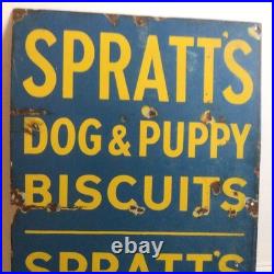 Old Vintage enamel Sign Spratts Dog & puppy Biscuits/spratts Mixed Bird Seed