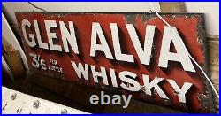 Original Large Antique Vintage Enamel Sign Glen Alva Whiskey Old Advertising