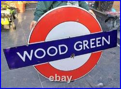 Original London Underground Wood Green Enamel Sign Railway Vintage 1930s WW2 Era
