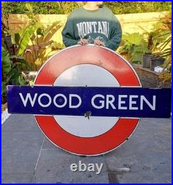 Original London Underground Wood Green Enamel Sign Railway Vintage 1930s WW2 Era