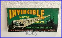 Original Vintage 1930s Tin Sign Invincible Motor Insurance Not Enamel