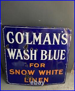 Original Vintage Antique Enamel Colmans Wash Blue Advertising Sign