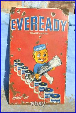 Original Vintage Antique Old Rare Eveready Torch Ad Porcelain Enamel Sign Board