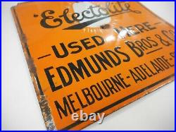 Original Vintage Electolite Edmunds Bros Enamel Sign. Maker Simpson Adelaide
