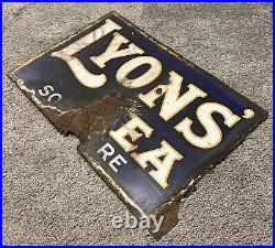 Original Vintage Enamel Metal Sign, Lyons Tea Sold Here. Double Sided. 18 x 12 Inch