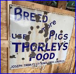Original Vintage Enamel Thorleys Pig Food Advertising Sign
