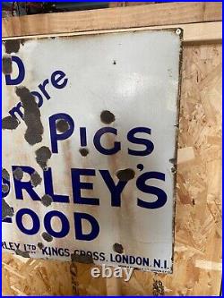 Original Vintage Enamel Thorleys Pig Food Advertising Sign