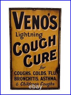 Original Vintage Enamel advert signs Medical Venos Cough Cure Intact Fixings