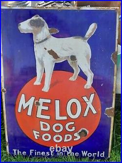 Original Vintage MELOX Dog Food Enamel Sign Advertising 18 x 26 Pictorial