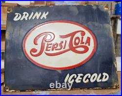 Original Vintage Old Antique Pepsi Cola Embossed Porcelain Enamel Sign Board