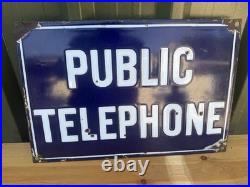 Original Vintage Public Telephone Enamel Sign 18x12in Blue White 46x31cm