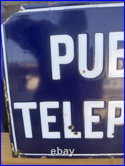 Original Vintage Public Telephone Enamel Sign 18x12in Blue White 46x31cm