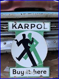 Original Vintage Rare Double Sided Karpol Car Polish Sign Enamel