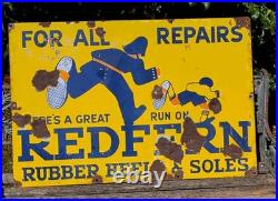 Original Vintage Redfern Rubber Heels & Soles Enamel Advertising Sign Antique