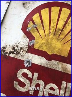 Original Vintage Shell Enamel Advertising Sign Paraffin Petrol Oil Double Sided
