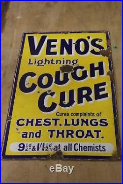 Original Vintage Venos Cough Cure Enamel Advertising Sign