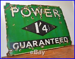 Power guaranteed enamel sign early advertising decor mancave garage metal vintag