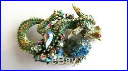 RARE Vintage HAR Signed Fantasy Dragon BroochPin Green Jewels Enamel