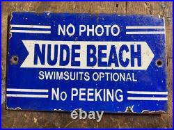 RARE Vintage Porcelain Enamel Sign No Photos Nude Beach Swim Suits Optional Sign