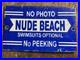 RARE_Vintage_Porcelain_Enamel_Sign_No_Photos_Nude_Beach_Swim_Suits_Optional_Sign_01_mw