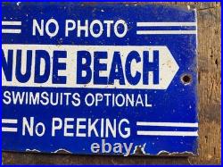 RARE Vintage Porcelain Enamel Sign No Photos Nude Beach Swim Suits Optional Sign