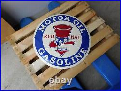 RED HAT Motor Oil Gasoline Tire Gas Vintage Garage Dealer Porcelain Enamel Sign