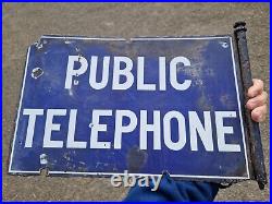 Rare PUBLIC TELEPHONE Enamel Sign Double Sided 1920s Vintage Automobilia Railway