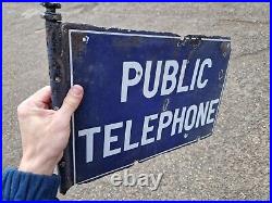Rare PUBLIC TELEPHONE Enamel Sign Double Sided 1920s Vintage Automobilia Railway