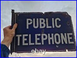 Rare PUBLIC TELEPHONE Enamel Sign Double Sided 1920s Vintage Automobilia Railway