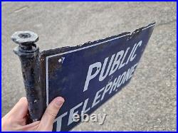 Rare PUBLIC TELEPHONE Enamel Sign Double Sided 1920s Vintage Automobilia Railway