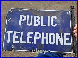 Rare PUBLIC TELEPHONE Enamel Sign Double Sided 1920s Vintage Automobilia Railway