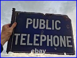 Rare PUBLIC TELEPHONE Enamel Sign Double Sided 1920s Vintage Automobilia Railway