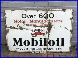 Rare Vintage Gargoyle Mobiloil Enamel Sign Over 600 Motor Manufacturers Say Use