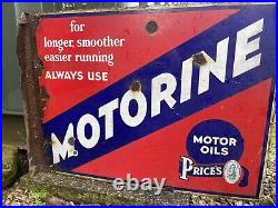 Rare Vintage Genuine Double Sided Flanged Prices Motorine Oil Enamel Sign