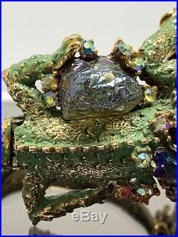 Rare Vintage Signed HAR Fantasy Green Enamel Rhinestone Dragon Clamper Bracelet