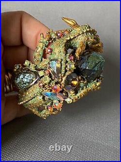 Rare Vintage Signed HAR Fantasy Green Enamel Rhinestone Dragon Clamper Bracelet