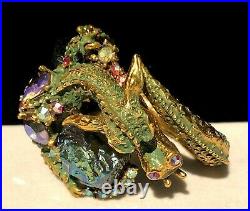 Rare Vintage Signed HAR Green Enamel Rhinestone Art Glass Hinged Dragon Bracelet
