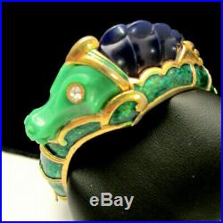 Rare Vintage Signed Hattie Carnegie Green Enamel Seahorse Clamper Bracelet A46