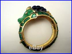 Rare Vintage Signed Hattie Carnegie Green Enamel Seahorse Clamper Bracelet A46