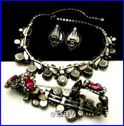 Rare Vintage Signed Hobe' Pink Gray Rhinestone Necklace Bracelet Earrings Set M5
