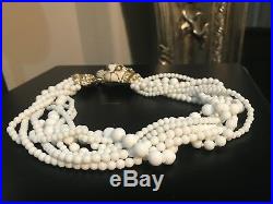 Rare Vtg Signed Ciner white Glass Bead Jeweled Panther Statement Necklace enamel