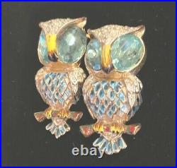 Rare Vtg Signed Coro Craft Enamel Duette Owl Sterling Silver Brooch Fur Clip