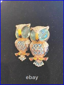 Rare Vtg Signed Coro Craft Enamel Duette Owl Sterling Silver Brooch Fur Clip