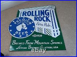 Rolling Rock Beer Advertising Vintage Enamel Sign Heavy Good Condition