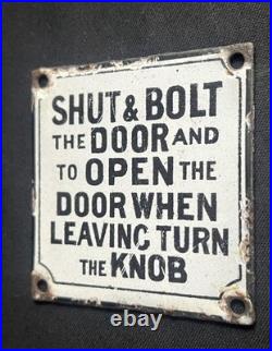 Shut & Bolt Door Lock Plate Vintage Enamel Sign Garage Rest Room Toilet Plaque