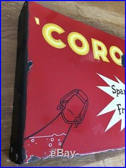 Small Vintage Corona Enamel Advertising Double Sided Sign With Flange. Rare