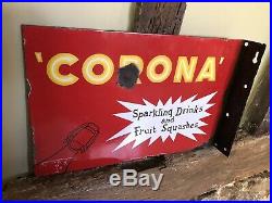 Small Vintage Corona Enamel Advertising Double Sided Sign With Flange. Rare